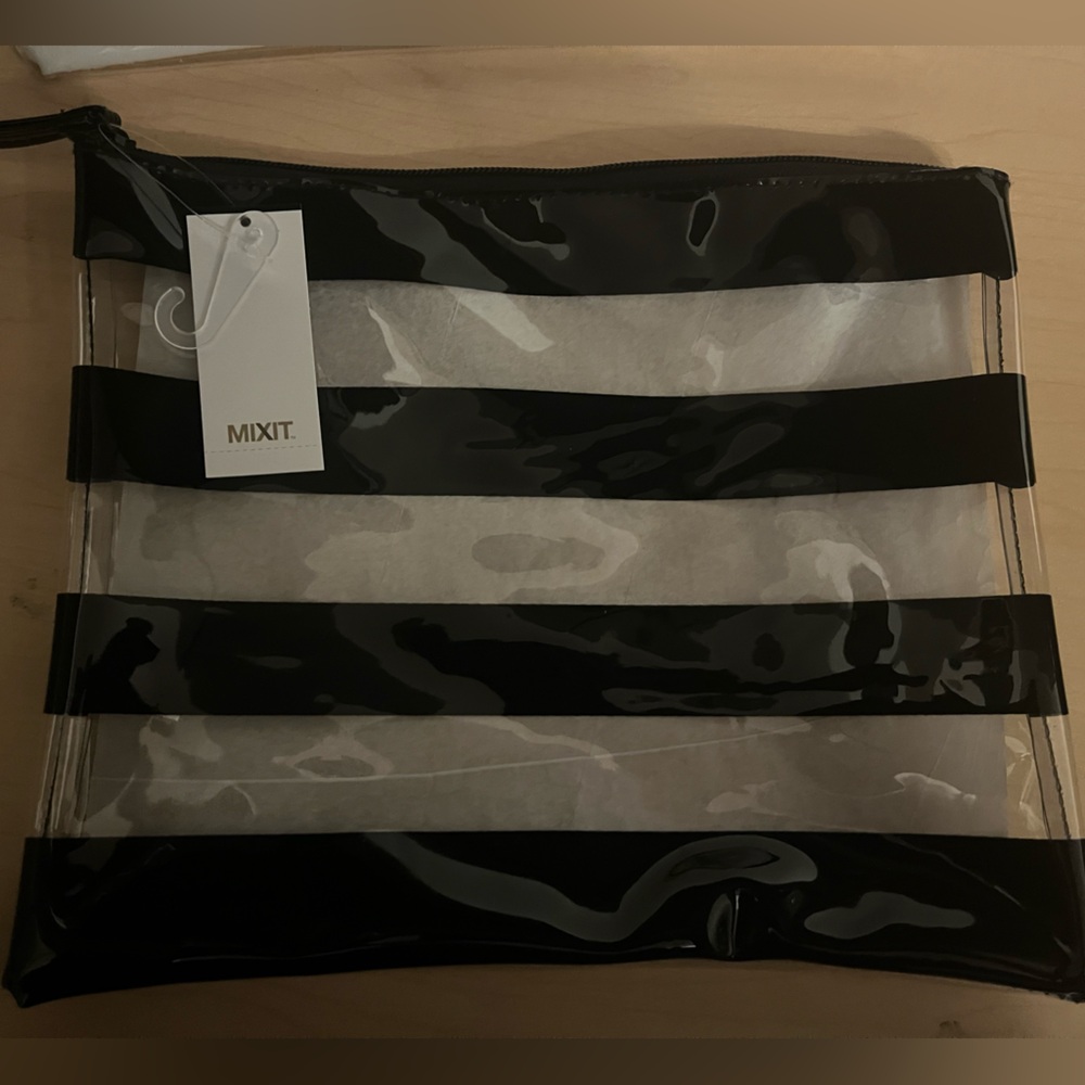 JCPenney Mixit color block jute pouch Black clear Striped Clutch - Picture 2 of 4